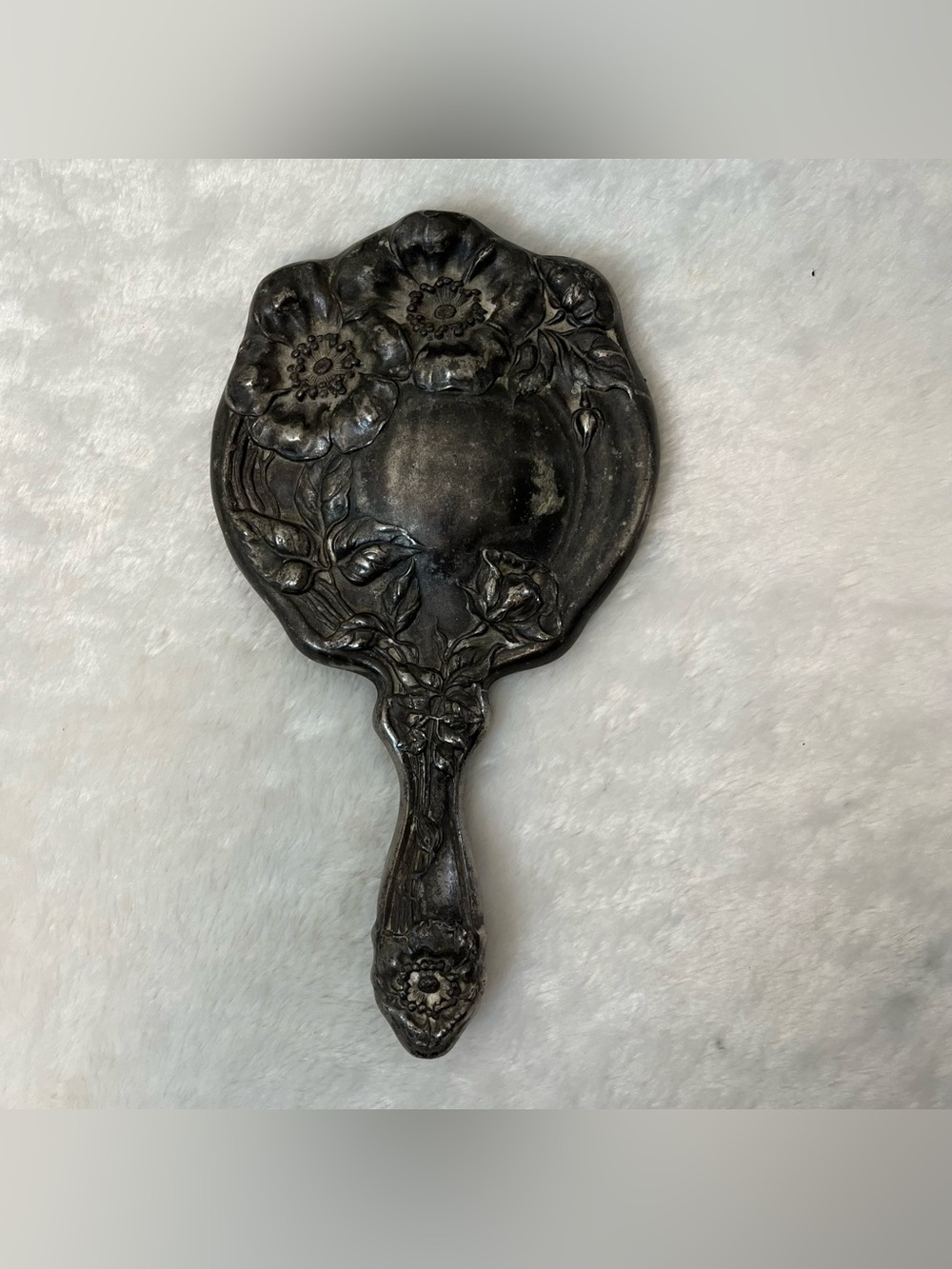 Antique Vanity Hand Mirror Silverplate Art Nouveau Floral Poppy **NEEDS REPAIR**